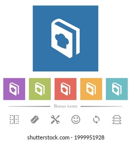 cookbook with chef hat flat white icons in square backgrounds. 6 bonus icons included.