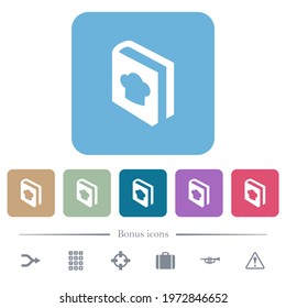 cookbook with chef hat white flat icons on color rounded square backgrounds. 6 bonus icons included