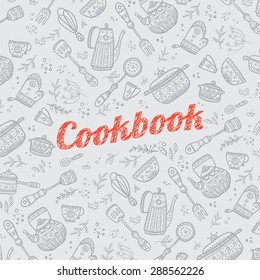 Cookbook Cover Design With Kitchen Items Pattern. Vector Template. 