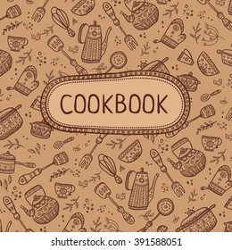 Cookbook Cover Design With Kitchen Items Pattern. Vector Template. 