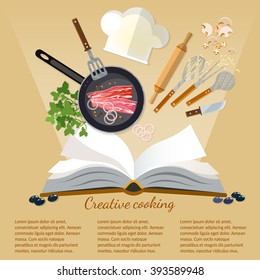 Cookbook creative cooking kitchenware and food flat style 