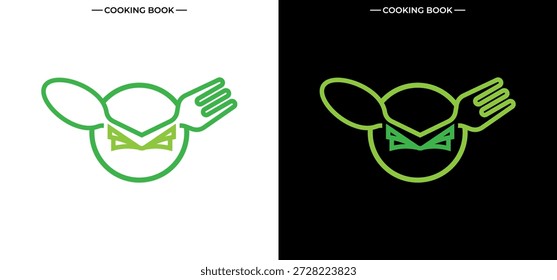Vetor de design de livro de receitas combinado com uma imagem do símbolo ninja Deliveroo verde e uma receita usando um garfo e colher. Adequado para blogs gastronômicos ou livros de receitas.