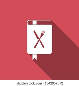 Cookbook icon isolated with long shadow. Cooking book icon. Recipe book. Fork and knife icons. Cutlery symbol. Restaurant symbol. Vector Illustration