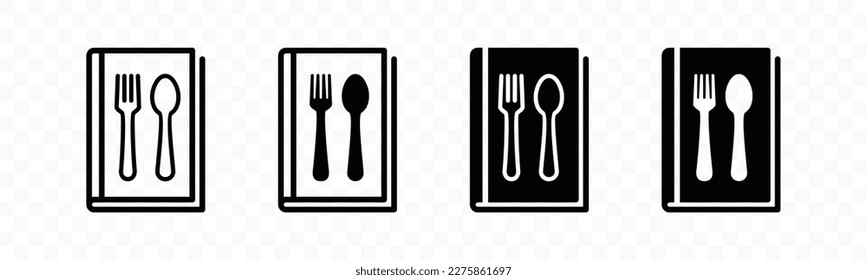 Cookbook icon set. Recipe book icons collection. Spoon and fork symbol in the book. Food recipe book icon vector. Cooking learning book or cooking guide or menu sign, vector illustration