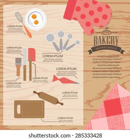 cookbook infographics background and elements. there are bakery tools, Can be used for cooking and food recipe background, layout, banner,logo, web design, brochure. Vector illustration