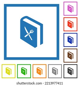 Cookbook with knife and fork flat color icons in square frames on white background