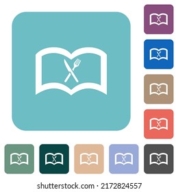 Cookbook with knife and fork white flat icons on color rounded square backgrounds