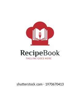 Cookbook logo icon symbol with open recipe book with fork and chef hat in simple negative space style logo