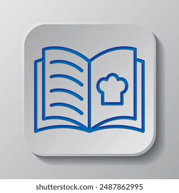 Vector de icono simple con logotipo de libro de cocina. Diseño plano. Diseño de corte de papel. Símbolo azul cortado con sombra. Insignia gris Botón, fondo gris.ai