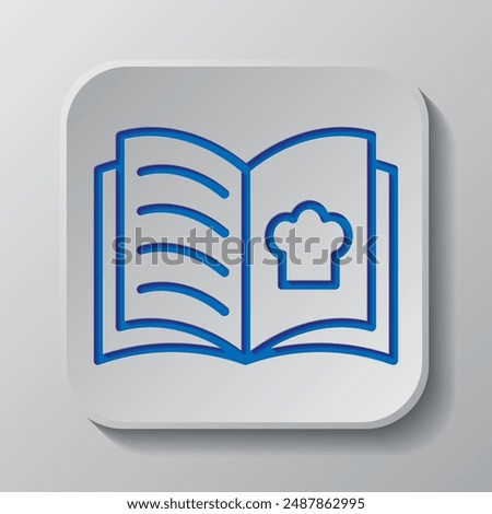 Cookbook logo simple icon vector. Flat design. Paper cut design. Cutted blue symbol with shadow. Gray badge button, gray background.ai