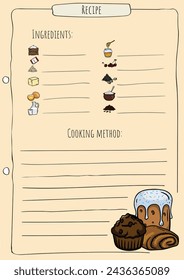 Cookbook page. List of ingredients. Recipe template. Vector illustration of buns, cupcakes and pie