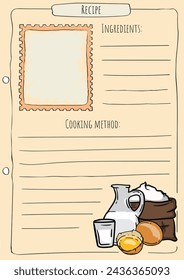 Cookbook page. Recipe template with photo and space for description. Vector illustration of milk, flour and eggs