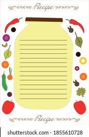 Cookbook page template with drawn fresh vegetables, spices. For writing recipes for preparing salads, various dishes, pickles, preparations for future use. Image of a glass jar. Vector illustration
