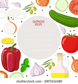 Cookbook page template. Recipe Card with Gaspacho Product Kit and Lines Vector Template. Background for recipe with tomato soup products. Cookbook page with place for writing. Write useful information