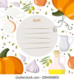 Cookbook Page Template. Vorlage zum Schreiben von Rezept. Gemüse, Gewürze, Produkte zur Zubereitung von Speisen Hintergrund für Rezepte für Ihre Gerichte. Plakat für Kochkurse. Vektorgrafik für Wanddekor, Kochschule.
