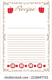 Cookbook page template for writing recipes. The page is decorated with a beautiful decorative frame. Write a recipe for making sweet red peppers. Vector illustration