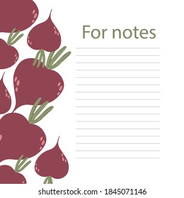 Cookbook page vector template. A place to write recipes. Vector illustration. Beet theme