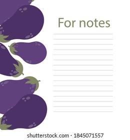 Cookbook page vector template. A place to write recipes. Vector illustration. Eggplant theme