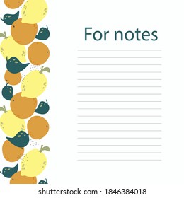 Cookbook page vector template. A place to write recipes. Vector illustration. Fruit. Lemon and orange in cartoon style