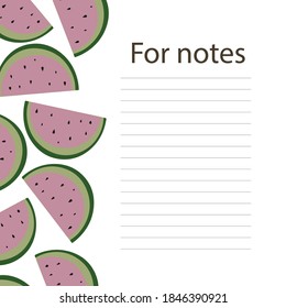 Cookbook page vector template. A place to write recipes. Vector illustration. Fruit. Watermelon in cartoon style