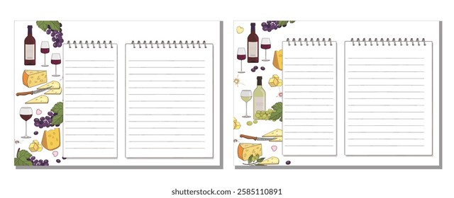 
Cookbook pages with drawings of red and white wine, grapes. Vector illustration