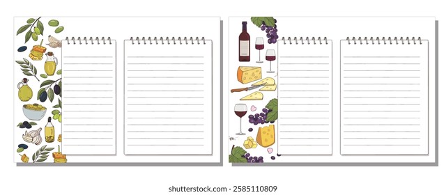 
Cookbook pages with drawings of red wine, olive and olive oil, cheese, grapes. Vector illustration