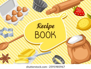 Livro de receitas. Fundo com utensílios de padaria.