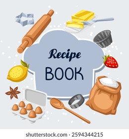 Cookbook of recipes. Background with bakery utensils.