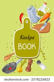 Cookbook of recipes. Background with kitchen utensils.