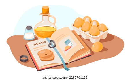 Cookbook of recipes. Baking ingredients. Products and kitchen tools for cooking. Cartoon vector illustration