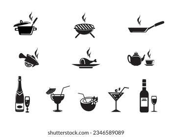 Cookbook recipes, food menu, restaurant, bar, cafe advertising icons set - emblems BBQ gril, hot fish dishes, teapot and cup, frying pan, roasted mea, saucepan, alcohol bottles and glasses, cocktails.