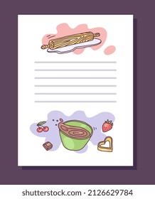 Cookbook sheet template with copy space for text and baking equipment, doodle vector illustration. Hand drawn kitchen utensil, rolling pin and bowl with food ingredients.