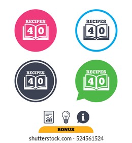 Cookbook sign icon. 40 Recipes book symbol. Report document, information sign and light bulb icons. Vector