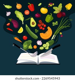 Cookbook surrounded by various vegetables. Vegan food Recipe vector concept isolated from dark background.