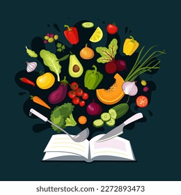 Cookbook surrounded by various vegetables. Vegan food Recipe vector concept isolated from dark background.