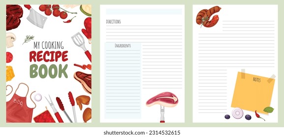 Cookbook template for grilled meat and bbq. Recipe book with blank pages.