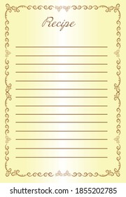 Cookbook template page. Gradient light on yellow background. For recording recipes for various dishes, pickles, canned food, cakes and cookies. Own stories. Convenient for printing
