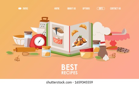 Cookbook vector illustration for landing page template or website with culinary recipes. Kitchen utensils elements, like rolling pin, whisk, scales, grater and ladle. Sushi, croissant, waffles icons.