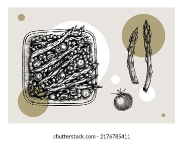 Cooked asparagus with pea and tomatoes drawing. Autumn food vector sketch. Thanksgiving day dinner menu element. Traditional autumn vegetables outline. Asparagus in collage style