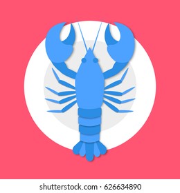 Cooked blue lobster on plate in flat style on red background