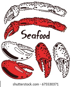 Cooked boiled crab hand with meat. Red claws of crab and lobster in scales. Hand drawn isolated illustration with the inscription on a white background