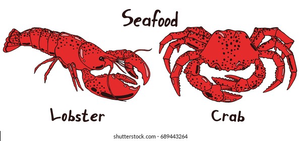 Cooked boiled red crab and lobster in shells. Seafood delicacies. Hand drawn isolated illustration with the inscription on a white background