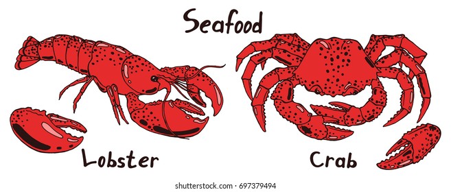 Cooked boiled red crab and lobster in shells. Seafood delicacies. Hand drawn isolated illustration with the inscription on a white background