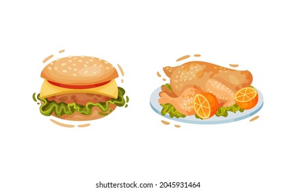 Cooked Chicken Dish with Burger and Served on Plate Chicken Vector Set