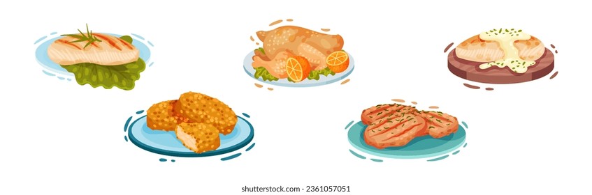 Cooked Chicken Dish with Nuggets and Fillet Vector Set