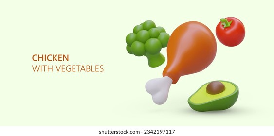 Cooked chicken drumstick with tasty avocado, tomato and broccoli. Concept of chicken with vegetables. Poster with food and place for text for store. Vector illustration