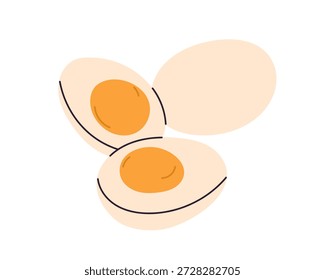 Ovos de galinha cozidos, peças inteiras e divididas, alimento nutritivo do café da manhã com gema fervida, ingrediente de proteína natural isolado no fundo branco ilustração gráfica plana vetor.