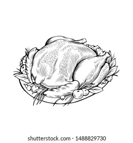 Cooked chicken hand drawn vector illustration. Autumn season holiday, thanksgiving day, festive dinner thin line symbol. Baked turkey with garnish monochrome drawing. Traditional homemade dish