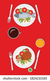 Cooked chicken leg, fish, coffee, orange juice and raw vegetables on a plate. Red background. Vector illustration