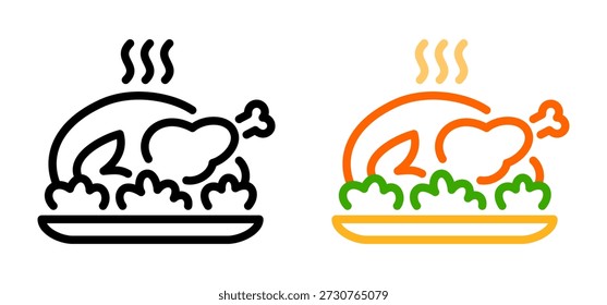 Icono de línea de pollo cocido. Plato de aves asadas en el plato en estilo de Vector de contorno simple para la marca del restaurante, íconos de menú y gráficos de alimentos. Aislado.